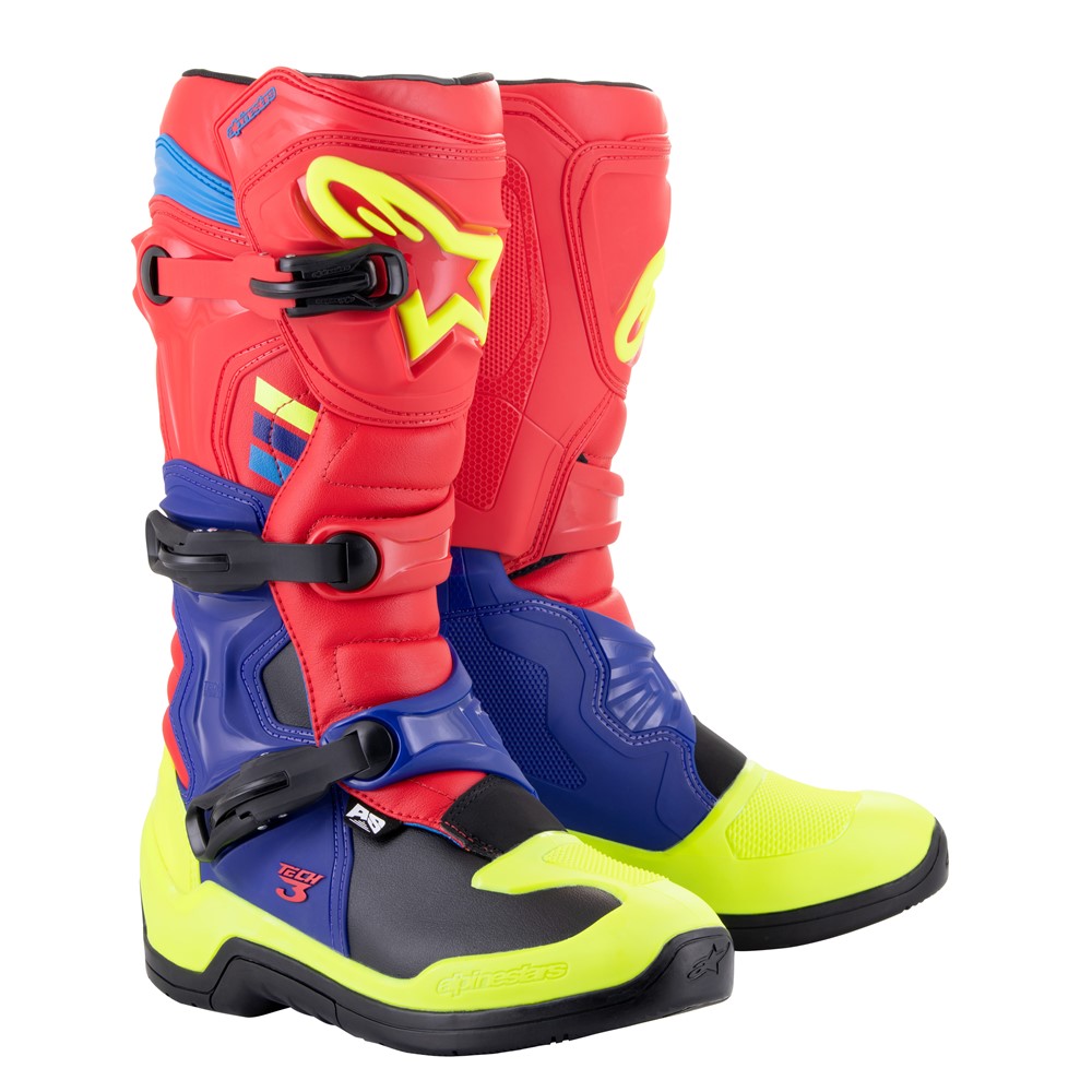 Alpinestars Tech-3 MX Boots Bright Red/Dark Blue/Fluoro Yellow Image